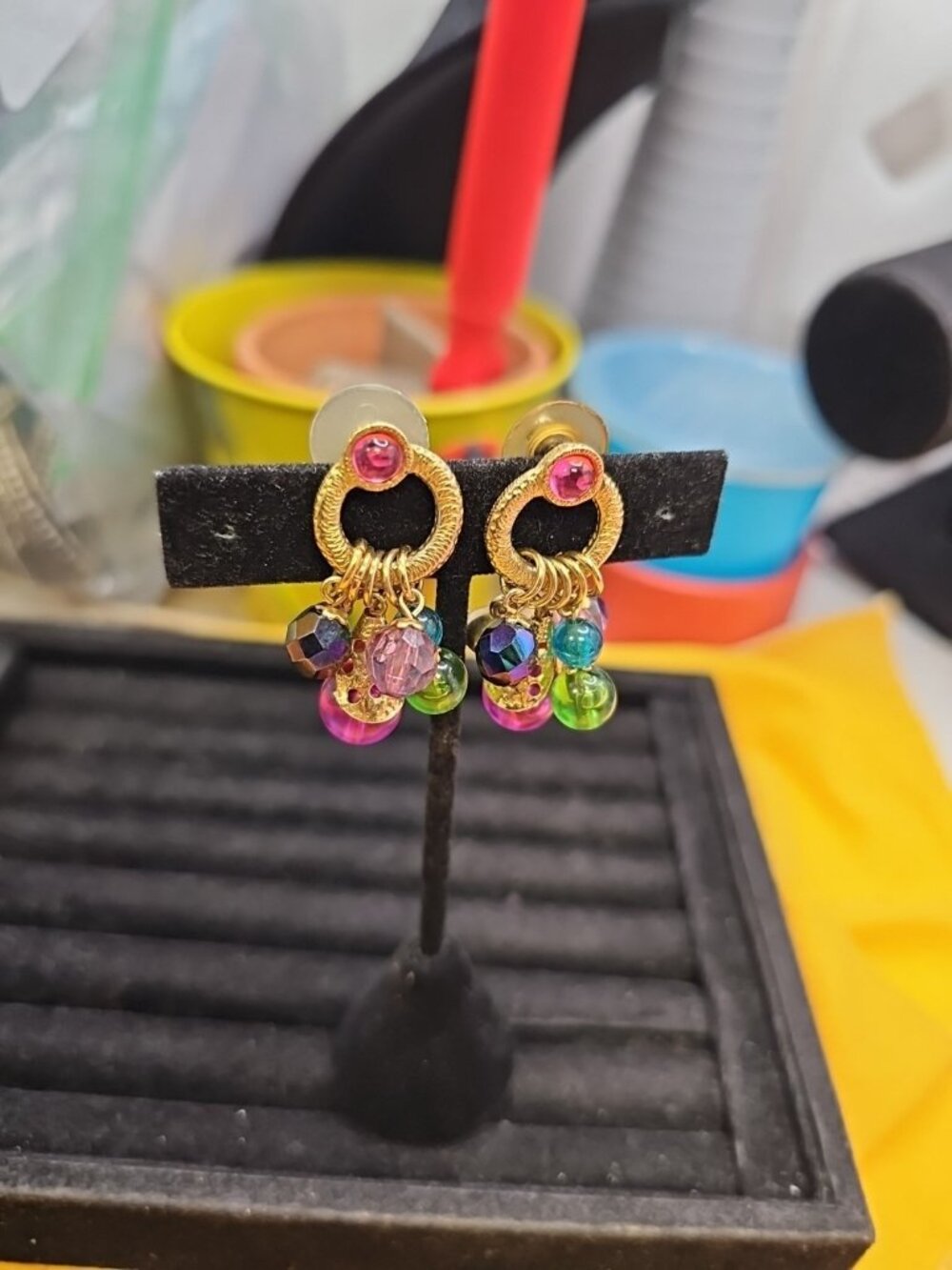 Earrings Pierced Dangle Posts Goldtone Multi-colored Beads